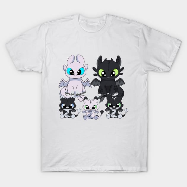 Family dragons, how to train your dragon Toothless & Light fury, night fury babies T-Shirt by PrimeStore